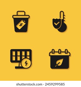 Set Trash can, Calendar with autumn leaves, Solar energy panel and Thermometer icon with long shadow. Vector