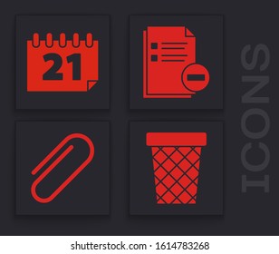 Set Trash can, Calendar, Document with minus and Paper clip icon. Vector