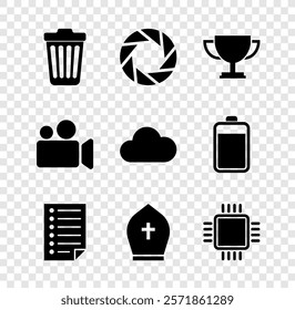 Set Trash can, Camera shutter, Trophy cup, Document, Pope hat and Processor with CPU icon. Vector