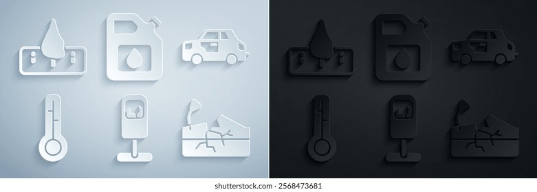 Set Trash can, Car, Meteorology thermometer, Earthquake, Canister for gasoline and Deforestation icon. Vector