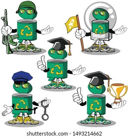 set trash can caracter cartoon mascot with holding laptop boxing books athlete
