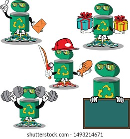 set trash can caracter cartoon mascot with holding laptop boxing books athlete