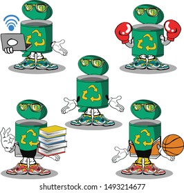 set trash can caracter cartoon mascot with holding laptop boxing books athlete