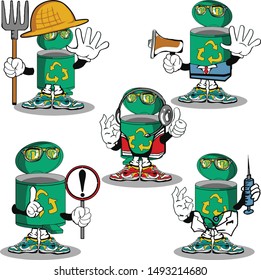 set trash can caracter cartoon mascot with holding laptop boxing books athlete