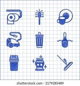Set Trash can, Clean vase, Mop, Kitchen apron, Vacuum cleaner, Washing dishes and Toilet paper roll icon. Vector