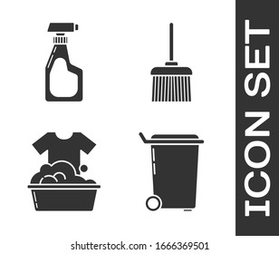 Set Trash can , Cleaning spray bottle with detergent liquid , Plastic basin with soap suds  and Handle broom  icon. Vector