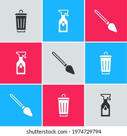 Set Trash can, Cleaning spray bottle and Handle broom icon. Vector