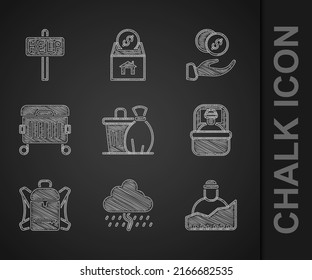 Set Trash Can, Cloud With Rain, Growth Of Homeless, Sleeping Bag, Hiking Backpack, Donation Hand Money And Ask For Help Text Icon. Vector