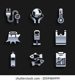 Set Trash can, Dead fish, Global warming, Plastic bag, Bottle of water, Tree stump, Meteorology thermometer and Electric saving plug leaf icon. Vector