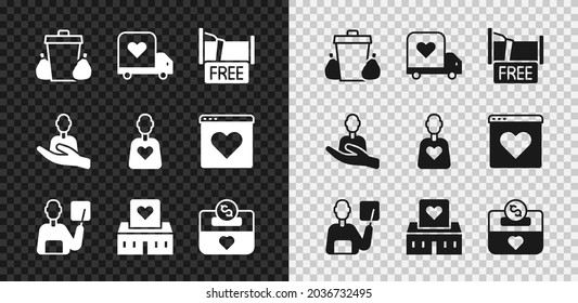 Set Trash can, Delivery truck with heart, Free overnight stay house, Teacher, Volunteer center, Donation and charity, Caring for people and  icon. Vector
