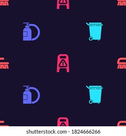 Set Trash can, Dishwashing liquid bottle and plate, Wet floor cleaning progress and Brush for on seamless pattern. Vector.