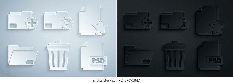 Set Trash can, Document with star, folder, PSD file document, Unknown and Add new icon. Vector