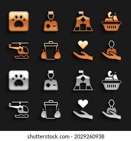 Set Trash Can, Donation Food Box, Caring For People, Heart Hand, Rescue Helicopter, Emergency Medical Tent, Paw Print And Male Doctor Icon. Vector