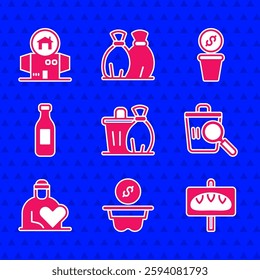 Set Trash can, Donation money, food, Searching for, Volunteer, Bottle of water,  and Homeless cardboard house icon. Vector