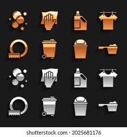 Set Trash can, Ropa de secado, Polvo de lavado, vajilla, botella para agente de limpieza, burbujas de agua de jabón e icono del servicio de limpieza. Vector