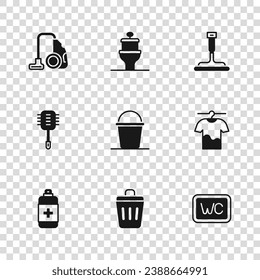 Set Trash can, Ropa de secado, inodoro, cubo, aspirador de goma para ventanas, vacío, tazón e icono de pincel. Vector