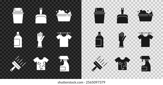 Set Trash can, Dustpan, Basin with soap suds, Rubber cleaner for windows, Dirty t-shirt, Cleaning spray bottle, Bottle cleaning agent and gloves icon. Vector