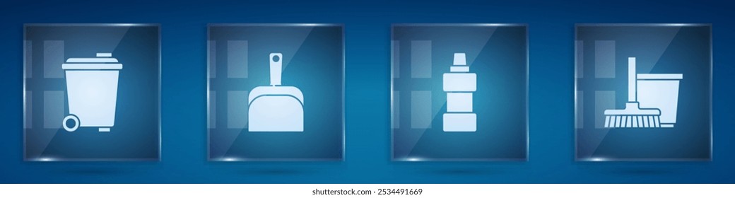 Set Mülleimer, Mülleimer, Flasche für Reinigungsmittel und Mopp und Eimer. Quadratische Glasplatten. Vektorgrafik