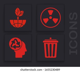 Set Trash can, Earth globe and leaf, Radioactive and Human head with recycle icon. Vector