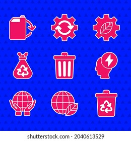 Set Trash can, Earth globe and leaf, Reycle bin with recycle, Head electro símbolo, Manos de mano, Bolsa de basura, Máquina de engranajes de planta de hojas e ícono de Eco fuel canister. Vector