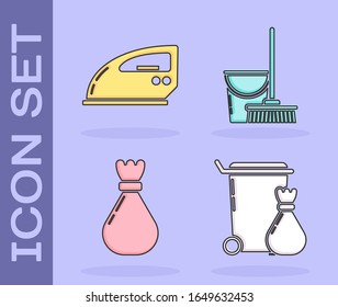 Set Mülleimer , Elektro-Eisen , Müllbeutel und Mopp und Eimer Icon. Vektorillustration