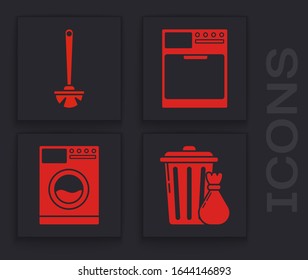 Set Trash lata y bolsa de basura , Toilet cepillo , Washer y Washer icono. Vector