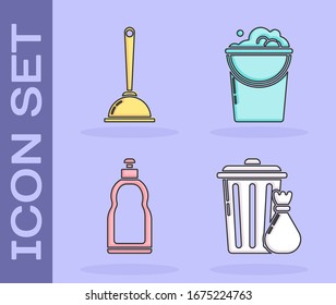 Set Trash can and garbage bag , Toilet plunger, Plastic bottles for liquid dishwashing liquid and Bucket with foam and bubbles  icon. Vector