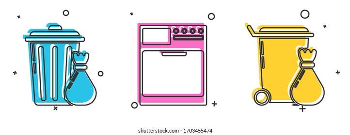 Set Trash can and garbage bag , Washer  and Trash can  icon. Vector