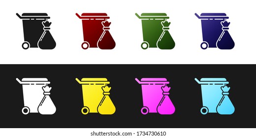 Set Trash Can And Garbage Bag Icon Isolated On Black And White Background. Garbage Bin Sign. Recycle Basket Icon. Office Trash Icon. Vector Illustration