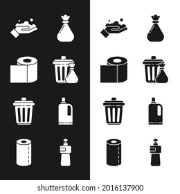Set Trash can and garbage bag, Toilet paper roll, Washing hands with soap, Garbage, Fabric softener, Dishwashing liquid bottle and Paper towel icon. Vector