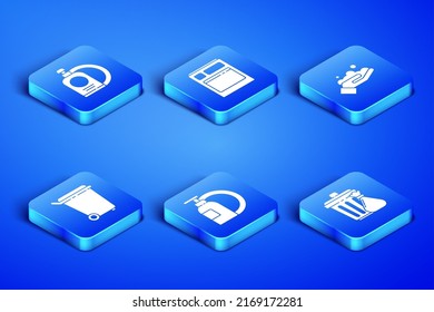 Set Trash can and garbage bag, Dishwashing liquid bottle plate, Kitchen dishwasher machine and Washing hands with soap icon. Vector