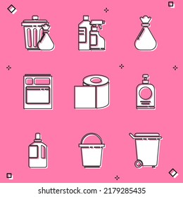 Set Trash can and garbage bag, Bottles for cleaning agent, Garbage, Kitchen dishwasher machine, Toilet paper roll, Hand sanitizer bottle, Fabric softener and Bucket icon. Vector