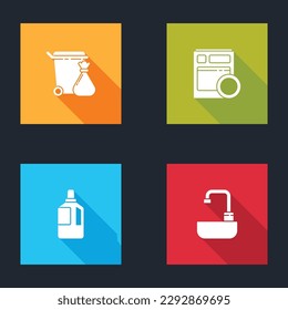 Set Trash can and garbage bag, Kitchen dishwasher machine, Fabric softener and Washbasin with water tap icon. Vector