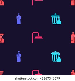 Set Trash can and garbage bag, Dishwashing liquid bottle, Shower head and Bottles for cleaning agent on seamless pattern. Vector