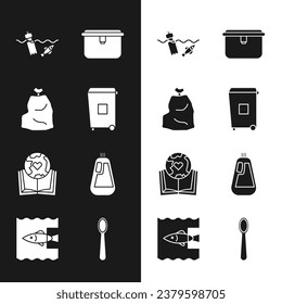 Set Trash can, Garbage bag, Problem pollution of the ocean, Lunch box, Earth globe and book, Bottle for dishwashing liquid, Disposable plastic spoon and Stop icon. Vector