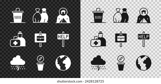 Set Trash can, Garbage bag, Tourist tent, Cloud with rain, Donation money, Global economic crisis, First aid kit and Work search icon. Vector