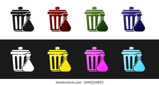 Set Trash can and garbage bag icon isolated on black and white background. Garbage bin sign. Recycle basket icon. Office trash icon.  Vector Illustration