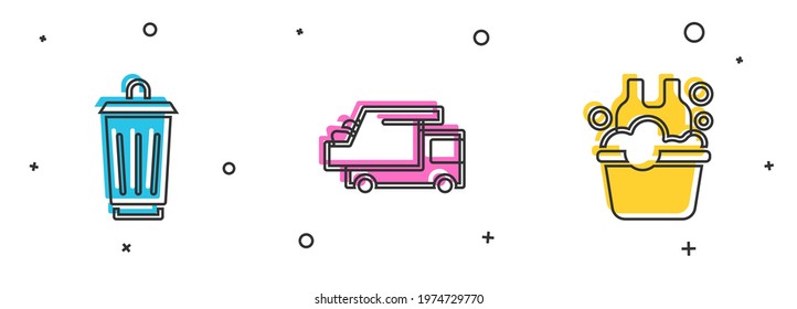 Set Trash can, Garbage truck and Basin with soap suds icon. Vector