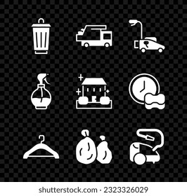 Set Trash can, camión de basura, cortadora de césped, guardarropa para la percha, limpiador de vacío, botella para pulverización de agua e icono del servicio de limpieza en casa. Vector