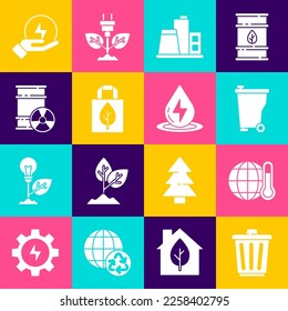 Set Trash can, Global warming, Factory, Shopping bag with recycle, Radioactive waste barrel, Lightning bolt and Water energy icon. Vector