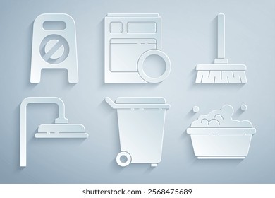Set Trash can, Handle broom, Shower head, Plastic basin with soap suds, Kitchen dishwasher machine and Wet floor cleaning progress icon. Vector