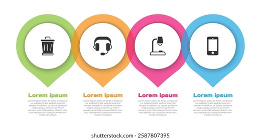 Set Trash can, Headphones, Table lamp and Mobile. Business infographic template. Vector