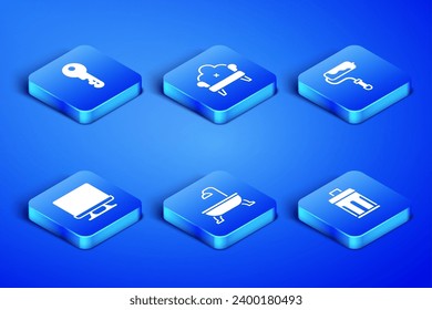 Set Trash can, House key, Bathtub, Smart Tv, Sofa and Paint roller brush icon. Vector