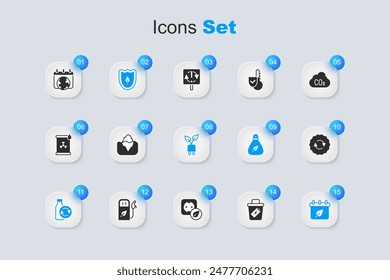 Set Trash can, Iceberg, Shield with leaf, Recycling plastic bottle, Calendar autumn leaves, Recycle symbol, World Earth day and Electric saving plug icon. Vector