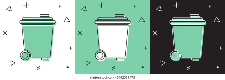 Mülleimer-Symbol isoliert auf weißem und grünem, schwarzem Hintergrund. Mülleimer-Schild. Symbol "Papierkorb". Office-Papierkorb-Symbol.  Vektor