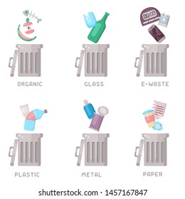 Set of trash can icons with different types of waste. Flat style vector illustration