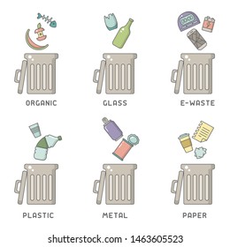 Set of trash can icons with different types of waste. Cartoon style vector illustration