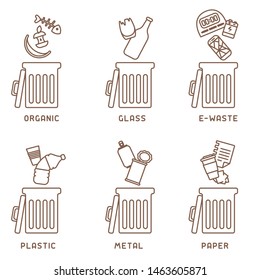 Set of trash can icons with different types of waste. Linear style vector illustration