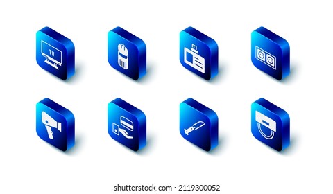 Set Trash can, Identification badge, Electrical outlet, Bellboy hat, Knife, Digital door lock, Hair dryer and Smart Tv icon. Vector