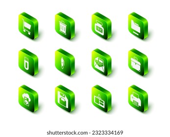 Set Trash can, Inkwell, Document folder, Briefcase, Printer, Mail and e-mail, Identification badge and Floppy disk icon. Vector